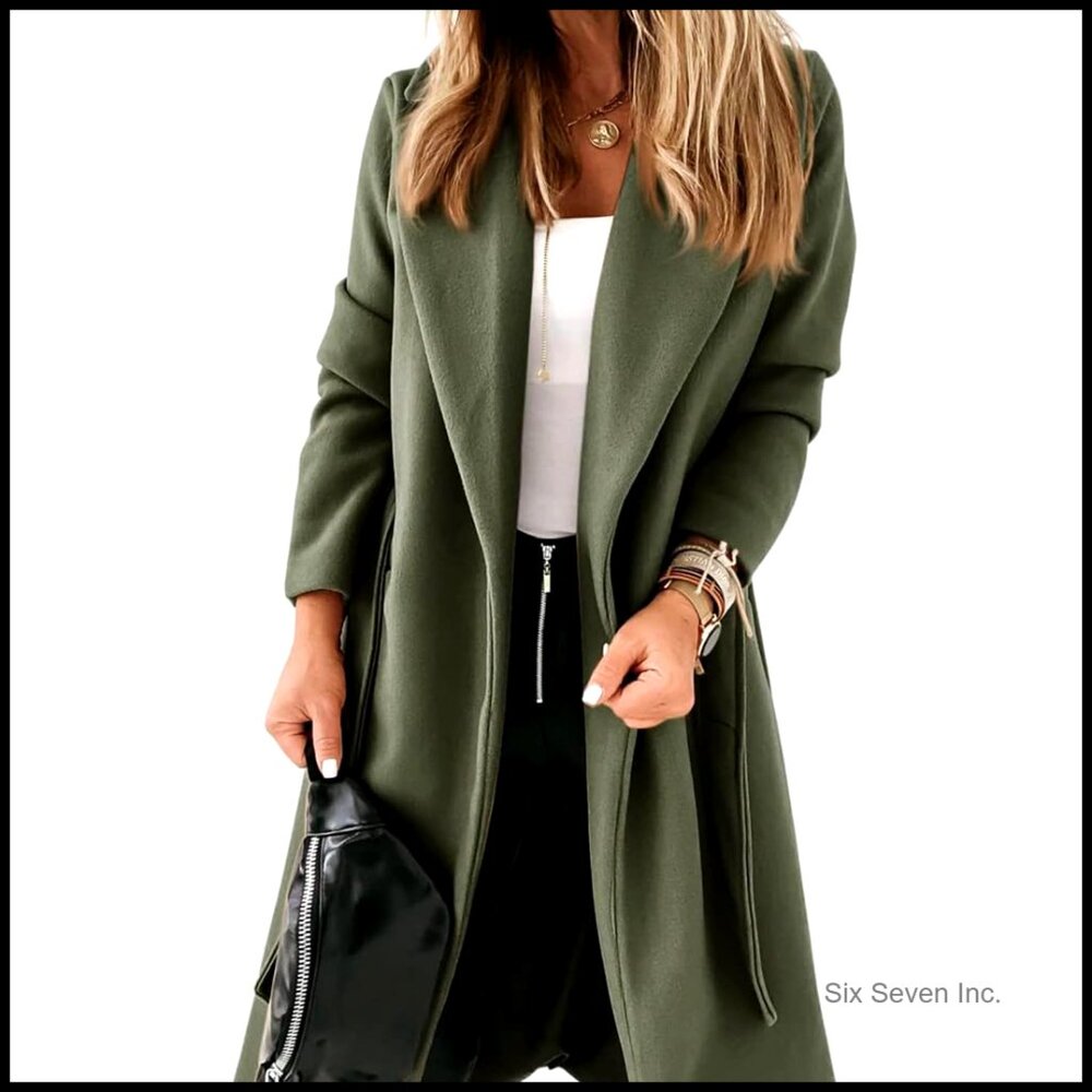Women's Long Notched Lapel Overcoat With Belt, Polyester Cotton Blend